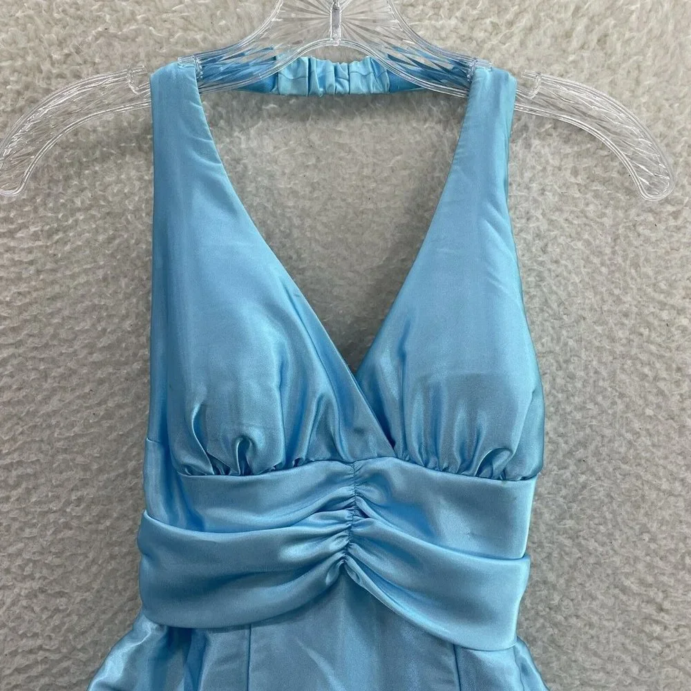 Y2K 2000s Baby Blue Satin Layer Open Back Halter Cinderella Fairy Mini Dress 4 S - Picture 3 of 8